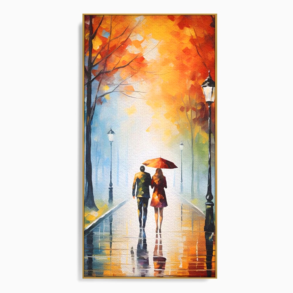 Tablou canvas cu tablou canvas cuplu sub umbrela, in rama de aluminiu auriu